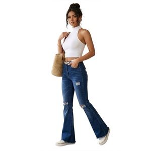 BAMBOO Dark Blue Distressed Flare Jeans